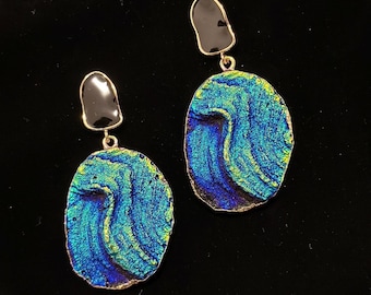 Vintage Iridescent Geode Drop Earrings, Cobalt Swirl Resin Statement Jewelry