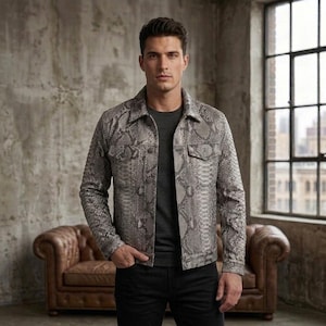 Veste en cuir de python gris pour homme, manteau trucker en peau de serpent exotique de luxe