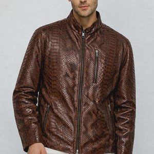 Men's Brown Snakeskin Leather Jacket Exotic Python Biker Coat