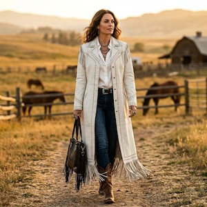 May include: A long, cream-coloured suede coat featuring fringe detailing along the sleeves and hem, accented with silver stud embellishments. The coat is worn over a white button-down shirt, dark blue denim jeans, and brown leather cowboy boots.