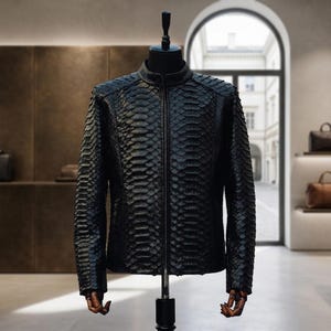 Veste en cuir de python noir pour homme, style motard, imprimé serpent exotique