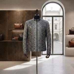 Mens Grey Black Python Leather Jacket Exotic Snakeskin Moto Racer Coat