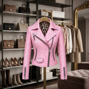 Womens Pink Python Leather Jacket Cropped Moto Biker Motorcycle