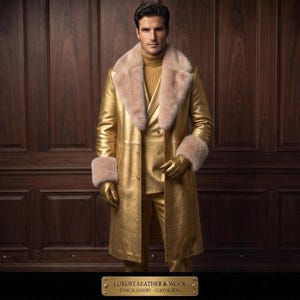Op de afbeelding: Een metallic gouden lange jas met een brede beige imitatiebontkraag en bijpassende bontmanchetten. De jas wordt gedragen over een gouden double-breasted colbert, een gouden coltrui en gouden handschoenen. Een label vermeldt: LUXURY LEATHER & WOOL. ETHICAL LUXURY - GOLD & SKIN.