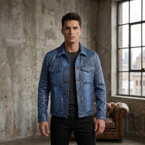 Peut inclure: Une veste bleue avec un motif texturé en peau de serpent, un col pointu, des manches longues à poignets boutonnés et deux poches de poitrine à rabat. La veste est portée sur une chemise gris foncé et un pantalon noir, offrant une coupe structurée.