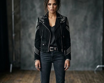 Leren damesjack met studs en franje western cowgirl bikerjas