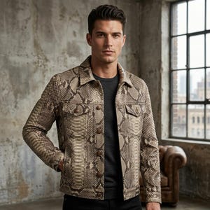 Puede incluir: Una chaqueta de manga larga con un patrón detallado de piel de serpiente en tonos beige, marrón y gris. La chaqueta incluye un cuello clásico, cierre frontal de botones, dos bolsillos en el pecho con solapas abotonadas y puños con botones.