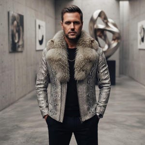 May include: A jacket featuring a grey and white snakeskin pattern with a large, thick, fluffy grey fur collar. The jacket is worn over a plain black shirt and is paired with black trousers. The garment has long sleeves and a front zipper closure.
