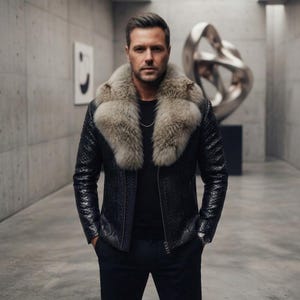 May include: A black textured jacket featuring a large, thick, light brown faux fur collar. The jacket has a full-length front zipper, long sleeves, and a fitted silhouette. It is worn over a plain black shirt and dark trousers, creating a sleek look.