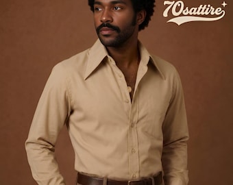 Beige jaren 70-overhemd heren | Vintage discoshirt | Retro speerkraag dichtgeknoopt | Op maat gemaakt overhemd met lange mouwen | Op maat gemaakte herenkleding