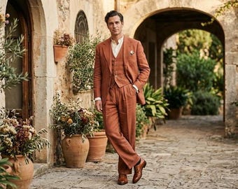 May include: A three-piece suit in a burnt orange hue, consisting of a tailored blazer, a buttoned vest, and matching trousers. The suit is worn over a cream-colored collared shirt with a pocket square and a gold pocket watch chain.
