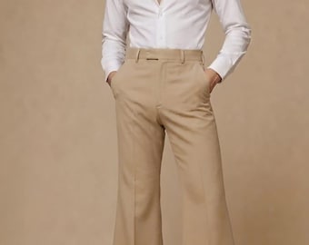 Pantaloni a zampa d'elefante beige da uomo / Pantaloni eleganti svasati anni '70 / Pantaloni retrò da discoteca a vita alta / Pantaloni formali vintage a gamba larga su misura