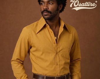 Mustard Yellow 70s Shirt for Men, Vintage Spear Collar Dress Shirt, Retro Long Sleeve Button Down, Old Money Mens Shirt, Disco Style Shirt