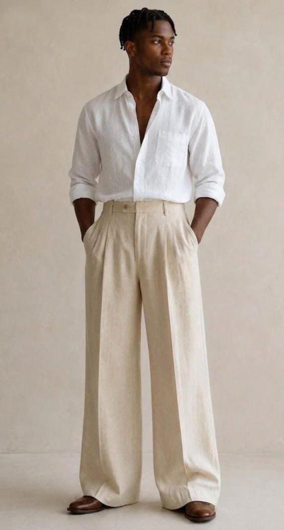 Men's Beige Linen Trousers Set, White Linen Shirt, 1920s Style Outfit, Old Money Summer Wear, Vintage Linen Pants