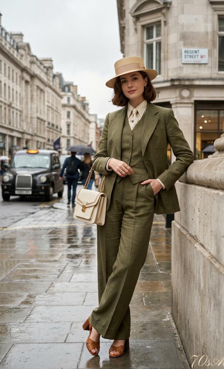 1920s Women's Olive Green Linen Pantsuit, 3 Piece Suit Set