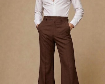 Men's Brown Bell Bottom Pants, 70s Vintage Flared Trousers, High Waisted Wide Leg Pants, Retro Disco Trousers, Old Money Dress Pants