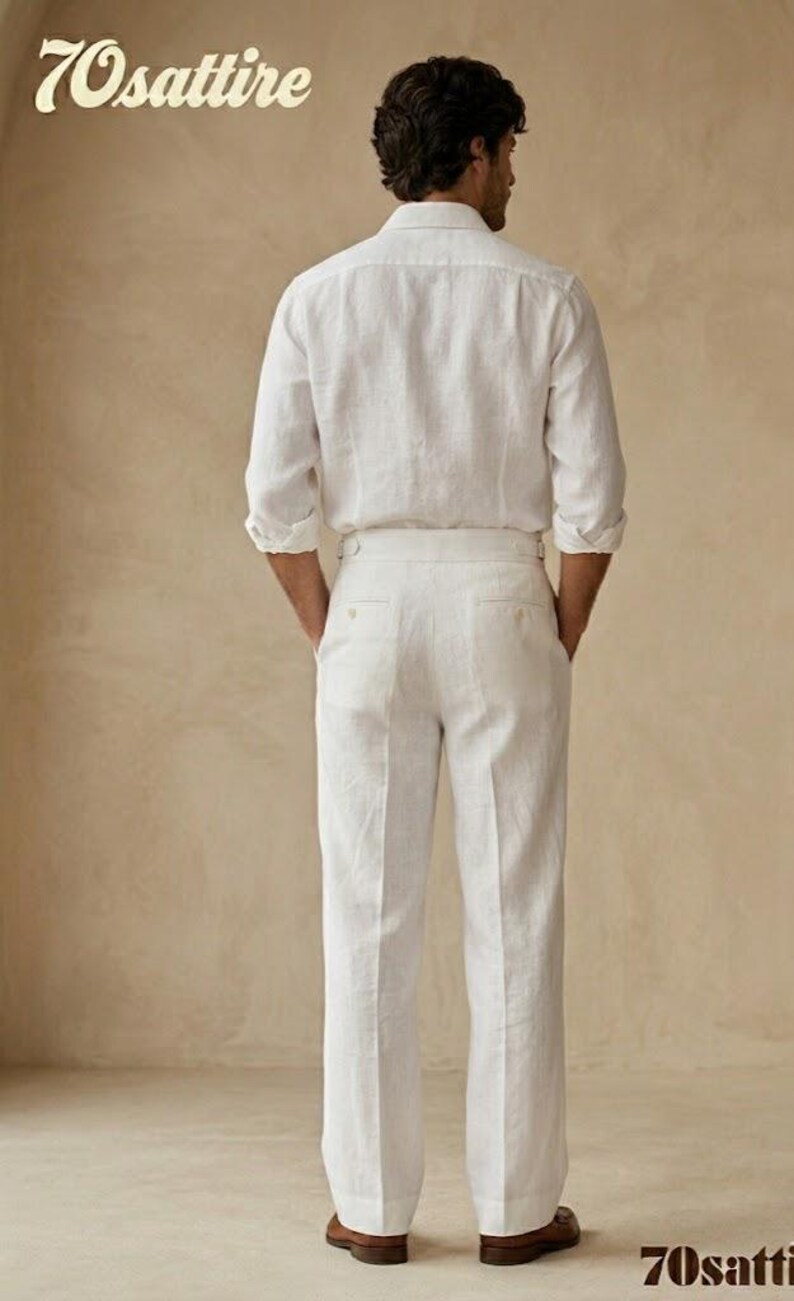 Set van wit linnen overhemd en broek voor heren, losvallende outfit jaren 1920 stijl, vintage old money zomer combi-set, linnen broek wijde pijpen afbeelding 3