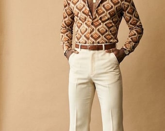 Pantalon crème à bas cloche pour homme, pantalon évasé vintage des années 70, pantalon large taille haute, pantalon disco rétro, vêtements pour hommes de Style ancien