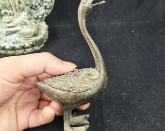 Quemador de incienso de bronce antiguo con forma de grulla, incensario desmontable con forma de cisne, soporte zen para mesa de té.