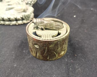 Vintage Bronze Cicada Incense Burner Copper Cylinder Censer Zen Desk Decor
