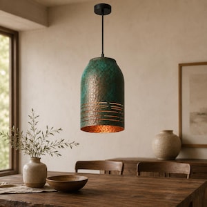 Handmade Verdigris Copper Pendant Light, Hammered Cylinder Ceiling Lamp for Kitchen Island and Dining Room