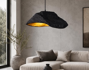 Black Concrete Pendant Light with Gold Interior, Wabi Sabi Lamp for Kitchen Island