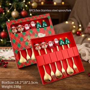 Peut inclure: Un ensemble de 6 cuillères et fourchettes en acier inoxydable dans une boîte à carreaux rouges et verts. Chaque ustensile a un embout en silicone en forme de renne, Père Noël ou sapin. Texte : 6PCS/box Stainless steel spoon/fork, BoxSize: 18.2*18*2.5cm, Weight: 198g.