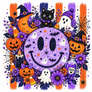 Halloween Smiley Face PNG, Ghost Pumpkin Digital Download, Cute Floral Sublimation Design, Kids Cricut Printable