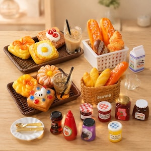 Miniature Bakery Food Set, 1:12 Scale Dollhouse Breakfast Accessories, Tiny Bread Jam Milk Drink Props for Dollhouse Kitchen