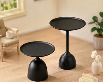 1:12 Scale Matte Black Metal Pedestal Table, Miniature Dollhouse Side Table