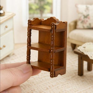 1:12 Scale Walnut Miniature Bedside Shelf, Three-Tier Wooden Nightstand Rack