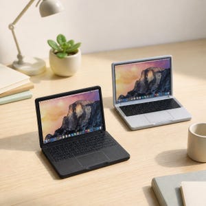 Può includere: Due repliche di computer portatili in miniatura su una superficie, una nera e una grigio chiaro. Ogni dispositivo presenta uno schermo con un'immagine di montagna, una tastiera nera e un trackpad, imitando un computer portatile.