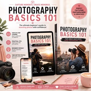 Puede incluir: Una guía Photography Basics 101 presentada como libro físico y pantalla de tableta digital. La portada muestra a una persona con cámara, un paisaje al atardecer y texto. Incluye una cámara, un cuaderno y una taza de café con iconos.