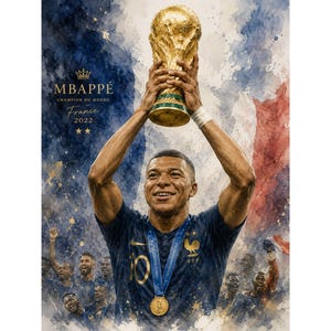 Mbappé akvarellposterpaket, fransk fotbollskonst, fotbollslegendar sportdekor (8 PNG-filer) bild 1
