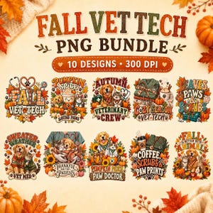 Puede incluir: Un paquete de gráficos digitales titulado FALL VET TECH PNG BUNDLE que presenta 10 diseños distintos con temática otoñal. Cada ilustración incorpora elementos veterinarios como estetoscopios, uniformes y animales.