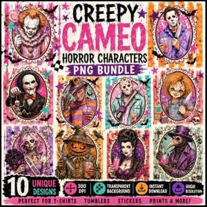Preppy Horror PNG Bundle, 10 Halloween Character Designs, Gothic Retro Sublimation Clipart, Spooky Shirt Tumbler PNG