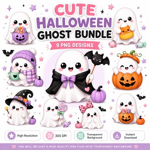 May include: A digital collection of nine white ghost illustrations titled CUTE HALLOWEEN GHOST BUNDLE. The ghosts feature various accessories including a pumpkin, candy corn, a witch hat, a cape, a lollipop, and a bow, surrounded by small stars.