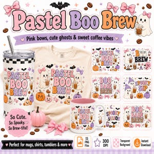 May include: A digital design collection featuring the text Pastel Boo Brew, including a tumbler, a t-shirt, and a mug decorated with illustrations of ghosts, pumpkins, bats, and pink bows. The set includes 15 PNG files with a transparent background.