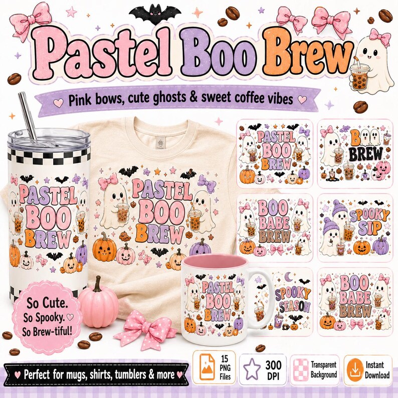 May include: A digital design collection featuring the text Pastel Boo Brew, including a tumbler, a t-shirt, and a mug decorated with illustrations of ghosts, pumpkins, bats, and pink bows. The set includes 15 PNG files with a transparent background.