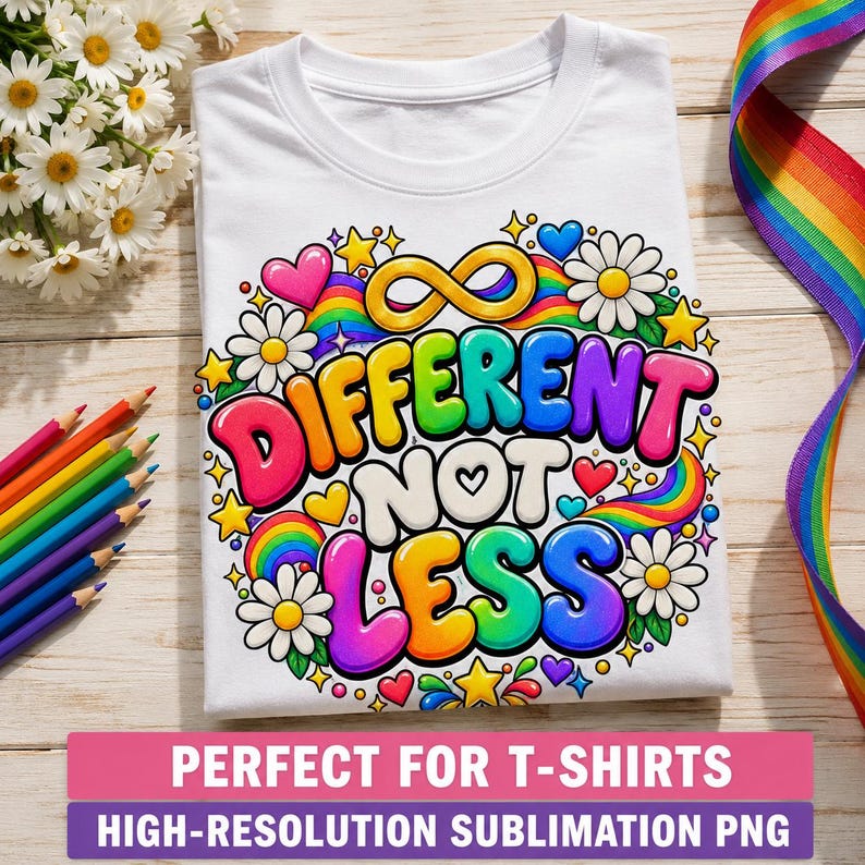 Pode incluir: Uma t-shirt branca com um gr&aacute;fico colorido com o texto DIFFERENT NOT LESS em letras de bolha. O design inclui elementos de arco-&iacute;ris, s&iacute;mbolos de infinito amarelos, margaridas brancas, pequenos cora&ccedil;&otilde;es e estrelas em padr&atilde;o circular.