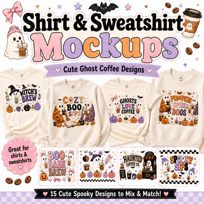 May include: A digital display of shirt and sweatshirt mockups featuring cute ghost coffee designs. The text reads Shirt & Sweatshirt Mockups, Cute Ghost Coffee Designs, Great for shirts & sweatshirts, and 15 Cute Spooky Designs to Mix & Match!