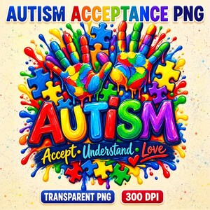 Pode incluir: Um design gráfico colorido com duas impressões de mãos preenchidas com respingos de tinta arco-íris e peças de quebra-cabeça. O texto diz Autism Acceptance PNG, AUTISM e Accept Understand Love. Inclui os rótulos Transparent PNG e 300 DPI.