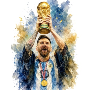 Pode incluir: Uma ilustração em estilo aquarela de Lionel Messi vestindo uma camisa listrada azul e branca com um bisht preto, segurando o troféu dourado da Copa do Mundo da FIFA no alto. Ele usa uma medalha de ouro e tem tatuagens visíveis no braço.