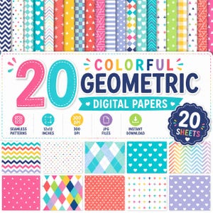 Pode incluir: Uma coleção digital de 20 papéis geométricos coloridos com vários padrões, incluindo chevrons, bolinhas, corações, diamantes e cruzes em cores vivas. O texto diz 20 COLORFUL GEOMETRIC DIGITAL PAPERS.