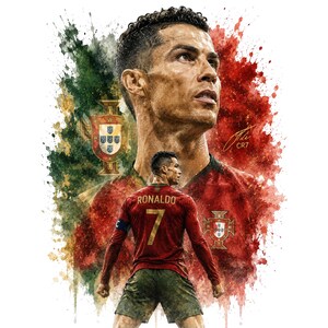 May include: A digital art print featuring a large portrait of Cristiano Ronaldo above a smaller figure of the athlete wearing a red Portugal jersey with the name RONALDO and number 7 on the back, set against a watercolor splash of red and green.
