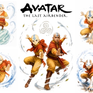 Puede incluir: Una colección de ilustraciones que muestran a Aang de Avatar: The Last Airbender. El personaje viste túnicas naranjas y amarillas con botas marrones, un tatuaje de flecha azul en la cabeza y aparece en varias poses dinámicas rodeado de aire.