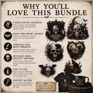 May include: A digital graphic bundle advertisement titled WHY YOU'LL LOVE THIS BUNDLE featuring gothic skull illustrations, roses, moons, and ravens. Includes a black t-shirt and a black mug with skull designs, plus text descriptions of the file features.