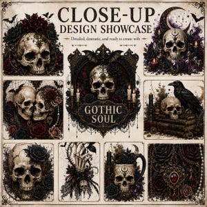 May include: A collection of graphic illustrations featuring skulls, black roses, ravens, and ornate frames. The text reads CLOSE-UP DESIGN SHOWCASE, Detailed, dramatic, and ready to create with, and GOTHIC SOUL. The imagery includes skeletal hands, candles, and jewelry elements in a dark, intricate composition.
