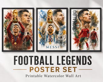 Football Legends Poster Set, Messi Ronaldo Watercolor Prints (Digital Download)