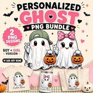 Personalized Ghost PNG Bundle, Custom Name Halloween PNG, Boy and Girl Ghost Clipart, Kids Trick or Treat Sublimation Design